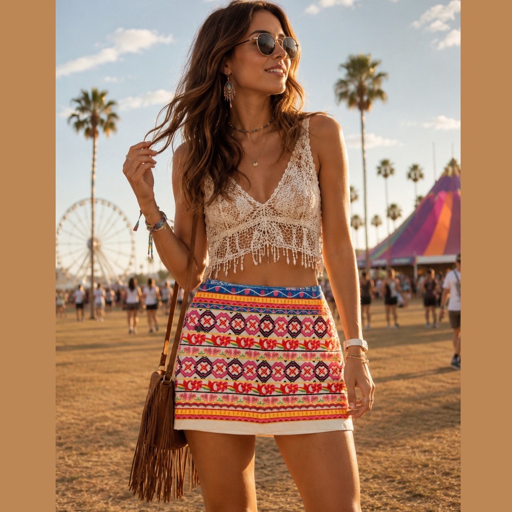Festival Embroidered Boho Mini Skirt Cream Multi Color Geometric Floral Large